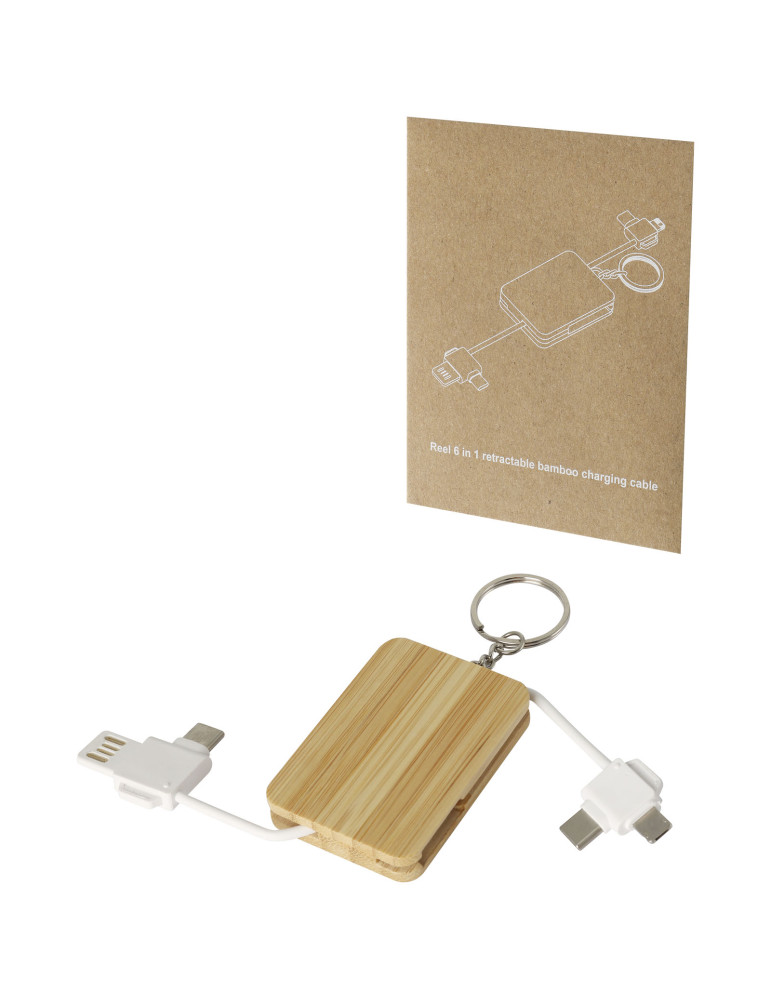 Câble de charge rétractable personnalisable 6-en-1 en bambou Reel