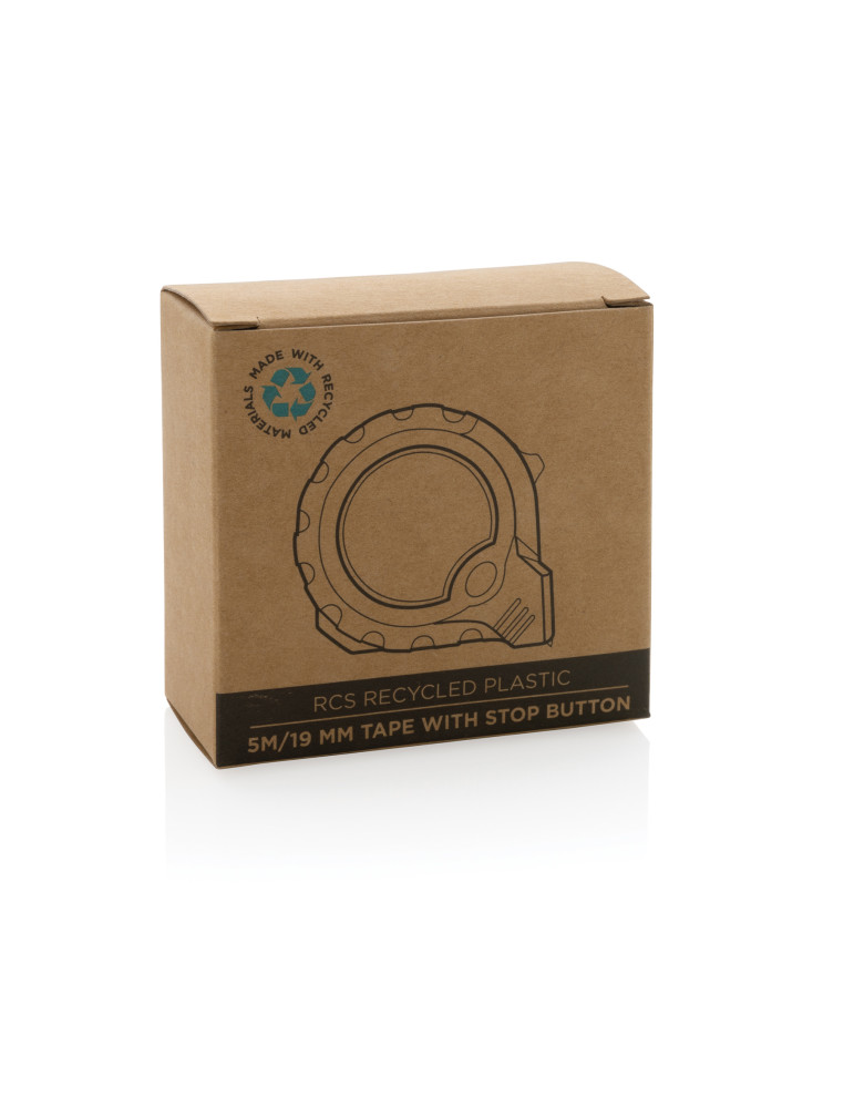 Mètre 5M/19mm en plastique recyclé RCS avec bouton d'arrêt personnalisable