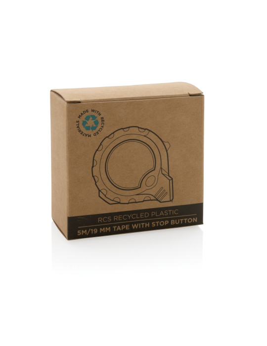 Mètre 5M/19mm en plastique recyclé RCS avec bouton d'arrêt personnalisable