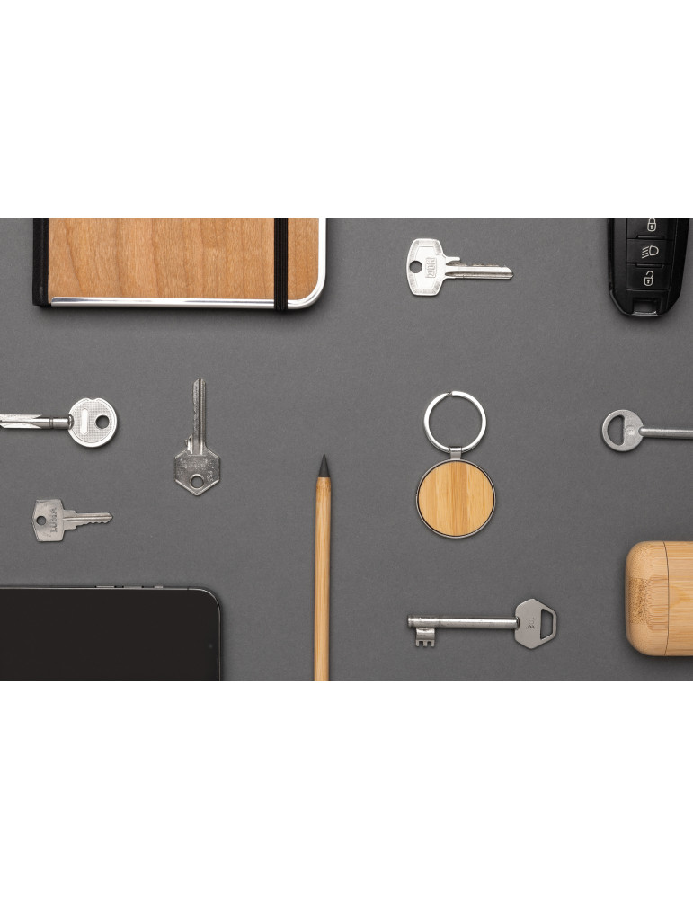 Porte-clés rond en alliage de zinc RCS et bambou personnalisable