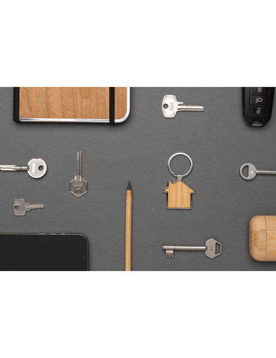 Porte-clés maison en alliage de zinc RCS et bambou personnalisable