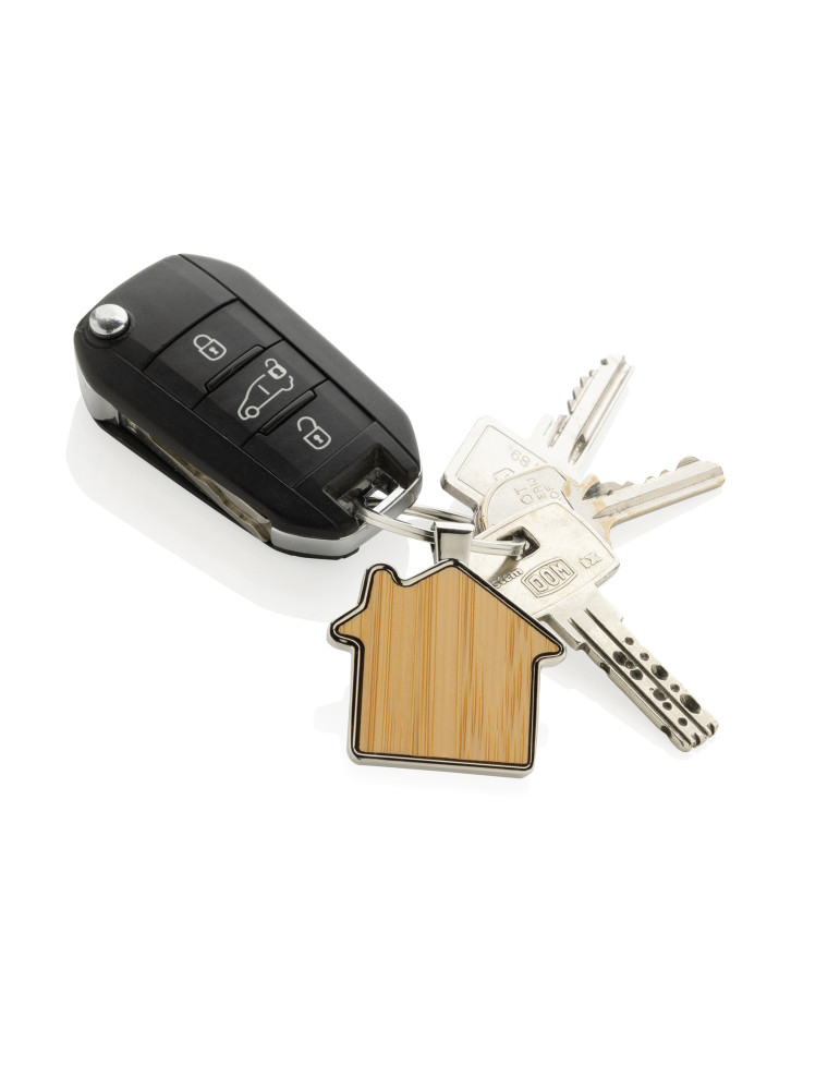 Porte-clés maison en alliage de zinc RCS et bambou personnalisable