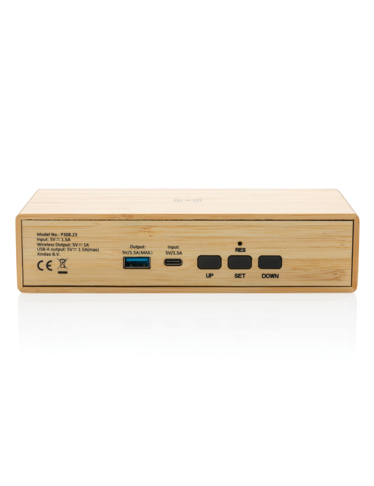 Réveil en bambou avec chargeur sans fil 5W personnalisable