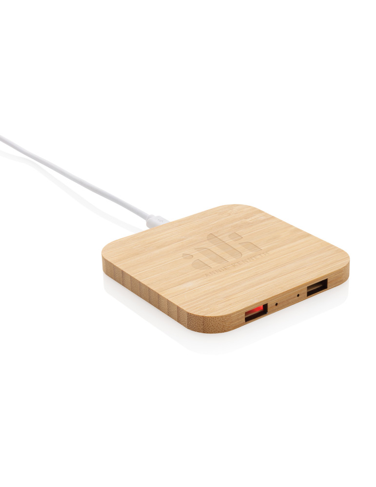 Chargeur sans fil 10W et avec ports USB en bambou personnalisable