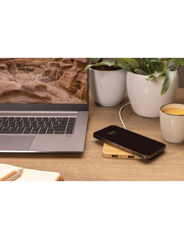 Chargeur sans fil 10W et avec ports USB en bambou personnalisable