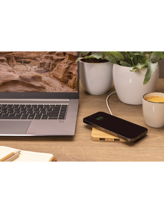 Chargeur sans fil 10W et avec ports USB en bambou personnalisable