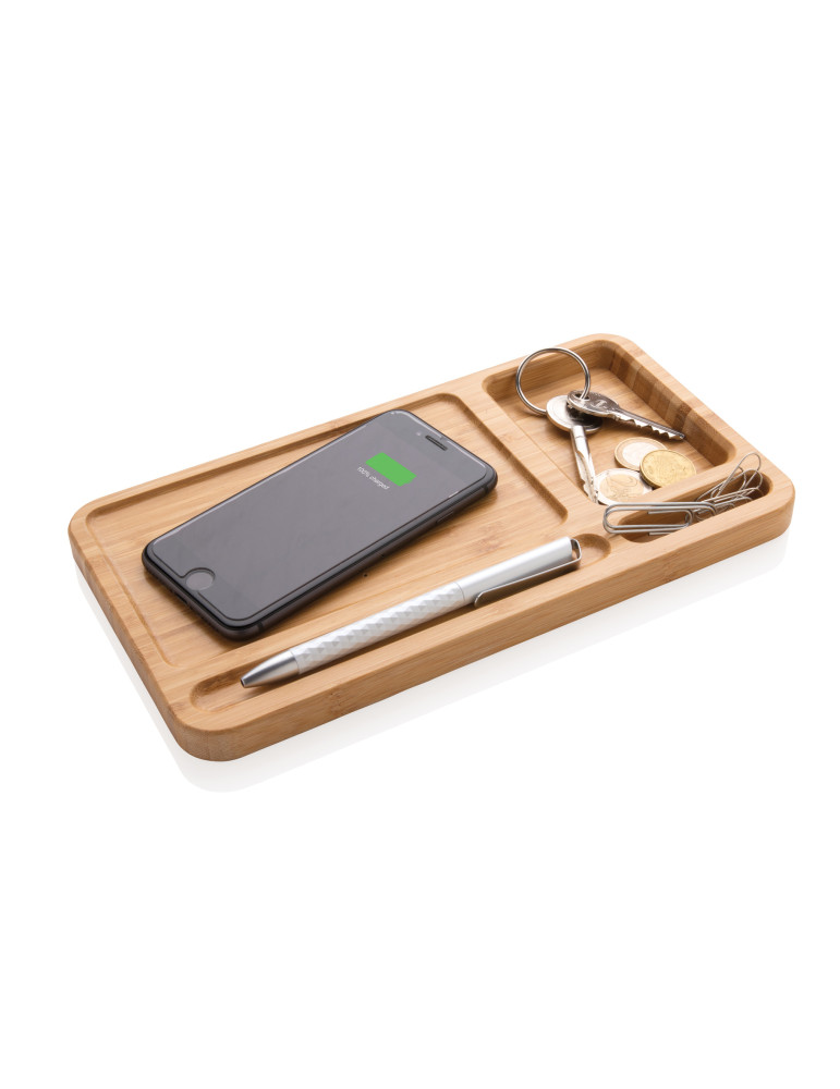 Organiseur de bureau en bambou avec chargeur 10W personnalisable
