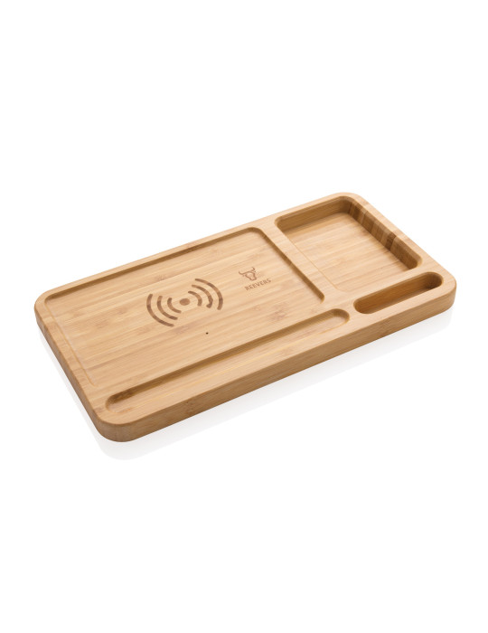 Organiseur de bureau en bambou avec chargeur 10W personnalisable