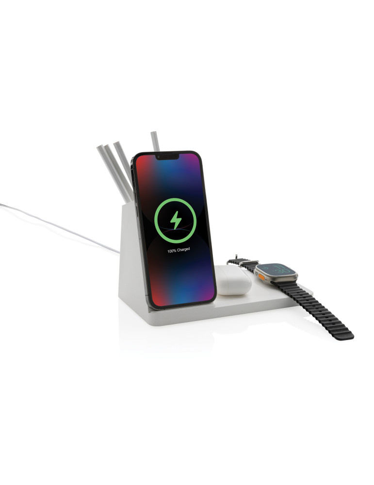 Chargeur 15W Ontario 3 en 1 plastique recyclé RCS et bambou personnalisable