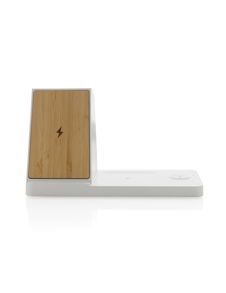 Chargeur 15W Ontario 3 en 1 plastique recyclé RCS et bambou personnalisable