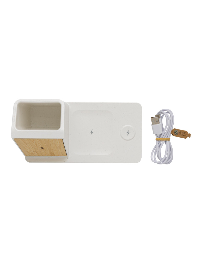 Chargeur 15W Ontario 3 en 1 plastique recyclé RCS et bambou personnalisable
