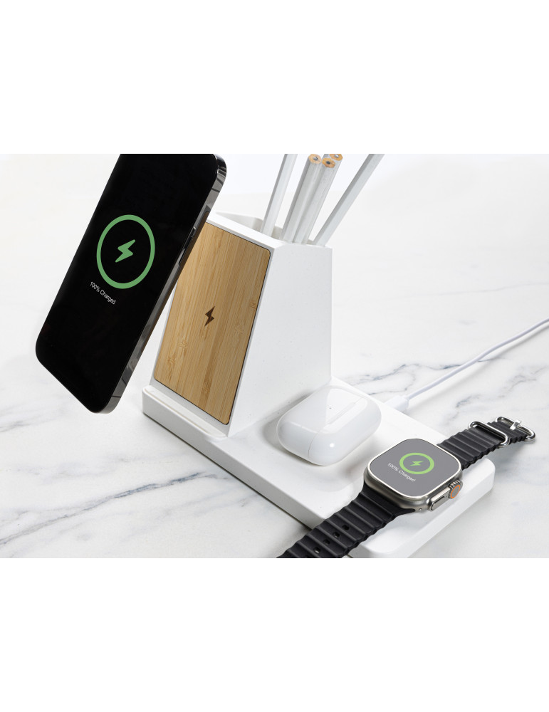 Chargeur 15W Ontario 3 en 1 plastique recyclé RCS et bambou personnalisable