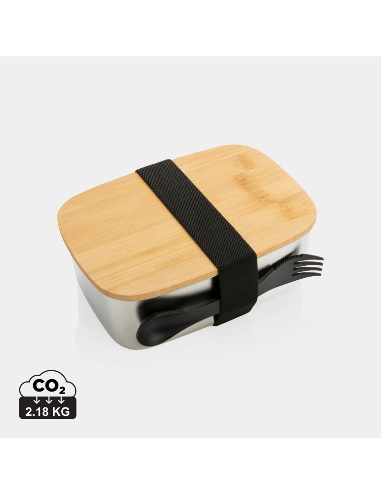 Boîte à Lunch en acier avec couvercle en bambou et fourchette-cuillère personnalisable