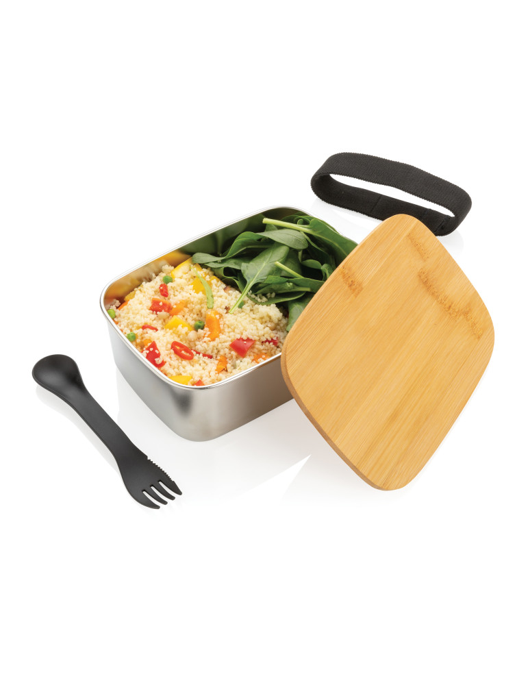 Boîte à Lunch en acier avec couvercle en bambou et fourchette-cuillère personnalisable