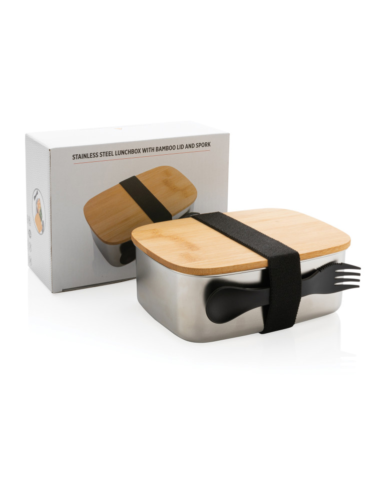 Boîte à Lunch en acier avec couvercle en bambou et fourchette-cuillère personnalisable