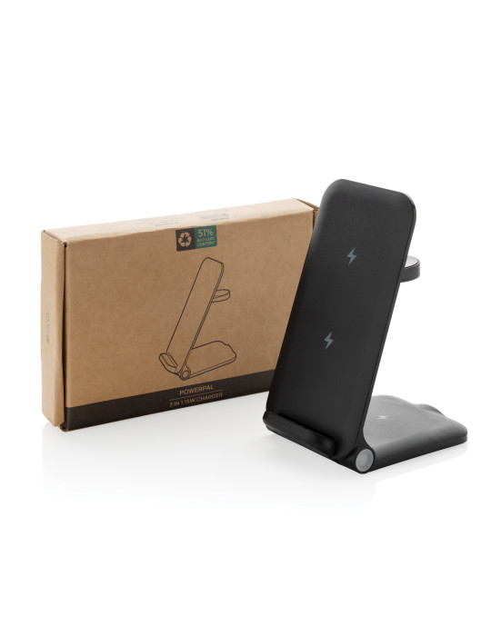 Chargeur 15W 3 en 1 en plastique recyclé RCS Powerpal personnalisable
