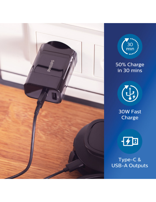 Chargeur mural Philips USB-A et USB-C 30 W personnalisable