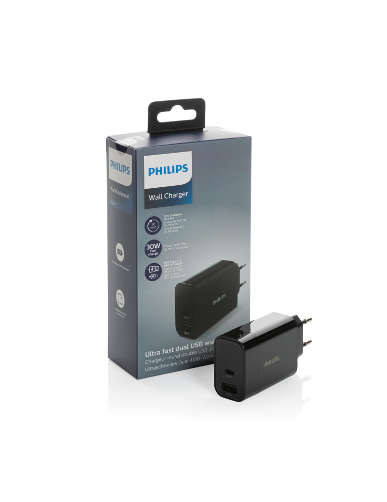 Chargeur mural Philips USB-A et USB-C 30 W personnalisable