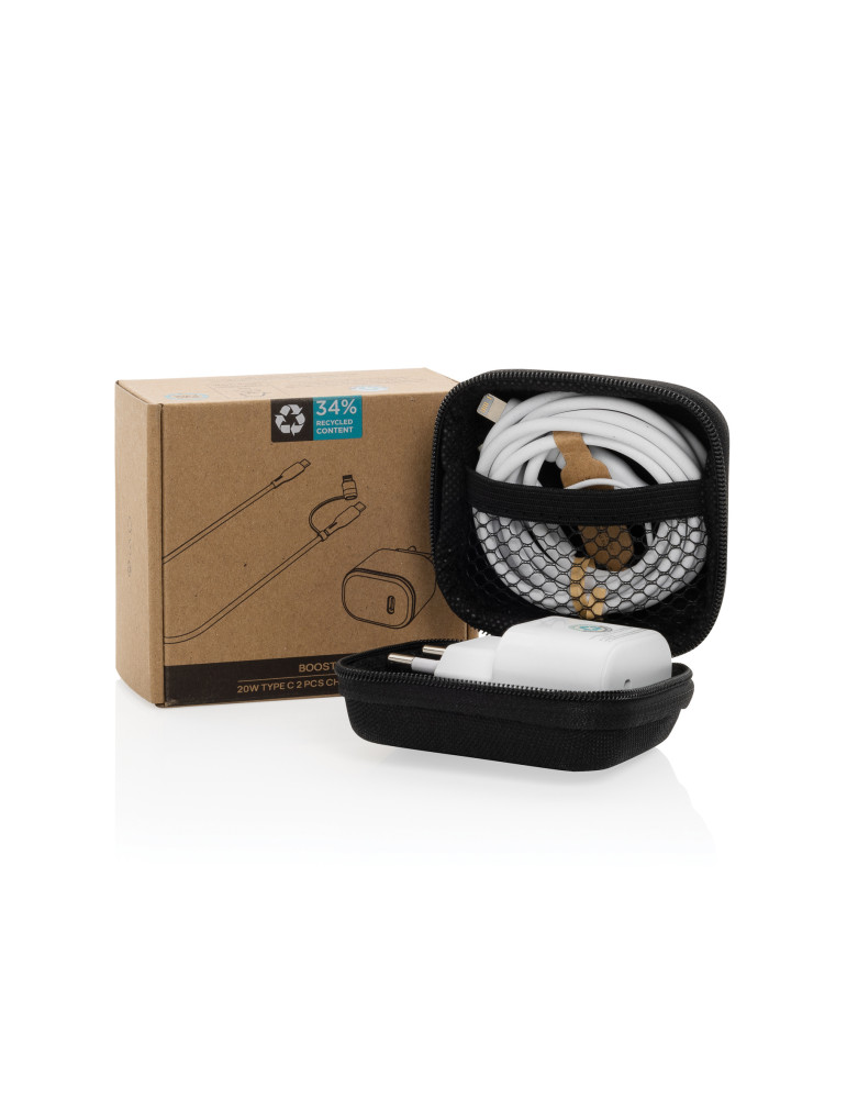 Set câble et chargeur 20W en PET recyclé RCS Boost personnalisable