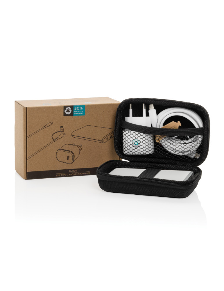 Set batterie câble et chargeur 20W en PET recyclé RCS Surge personnalisable