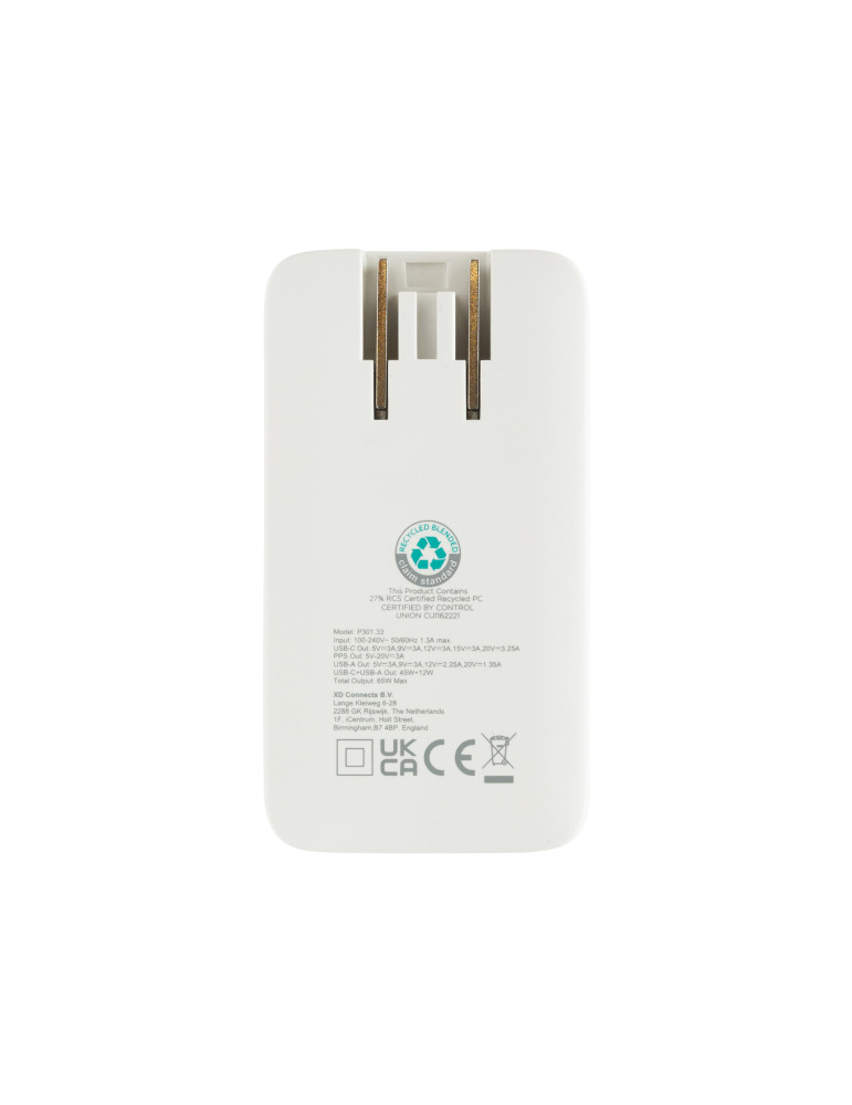 Chargeur plat 65W GAN avec connecteurs universels Fluxo RCS personnalisable