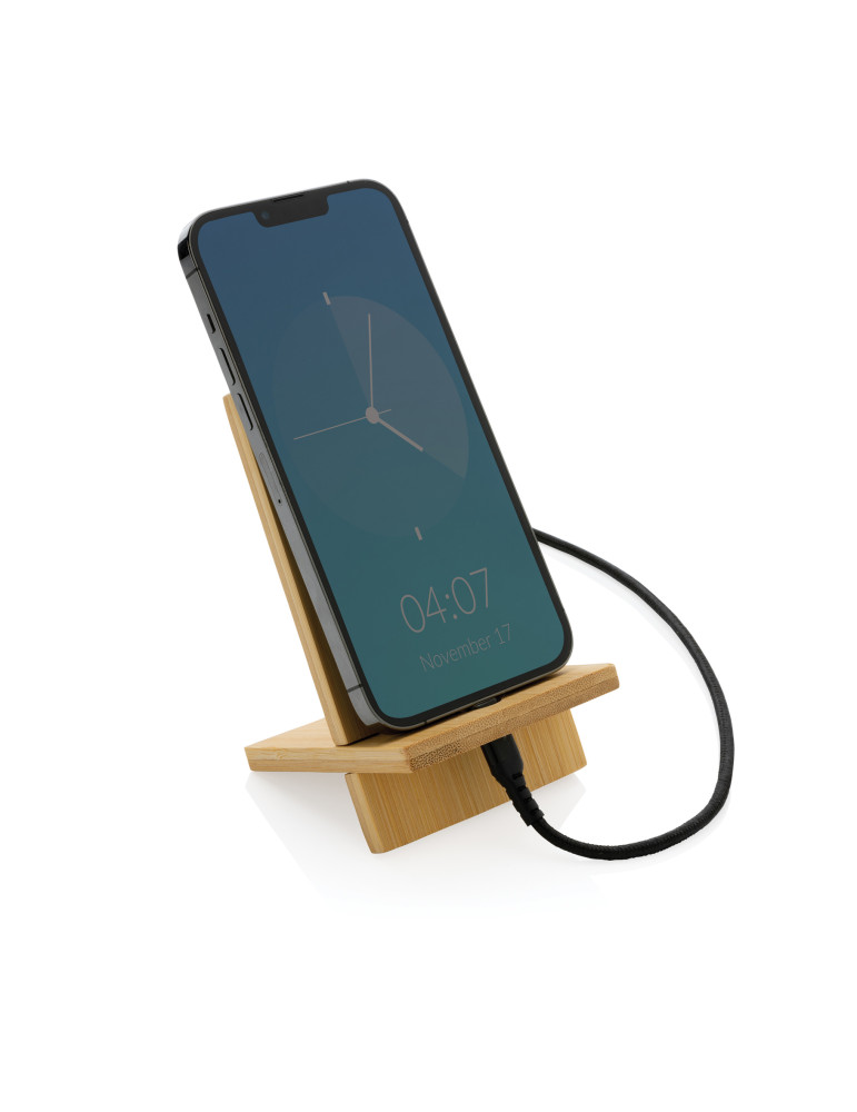 Support téléphone en bambou dans une boîte kraft personnalisable