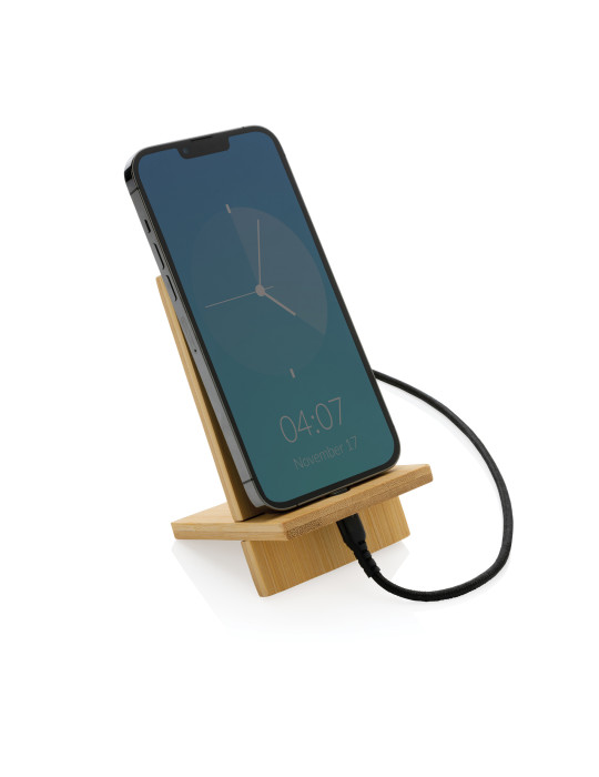 Support téléphone en bambou dans une boîte kraft personnalisable