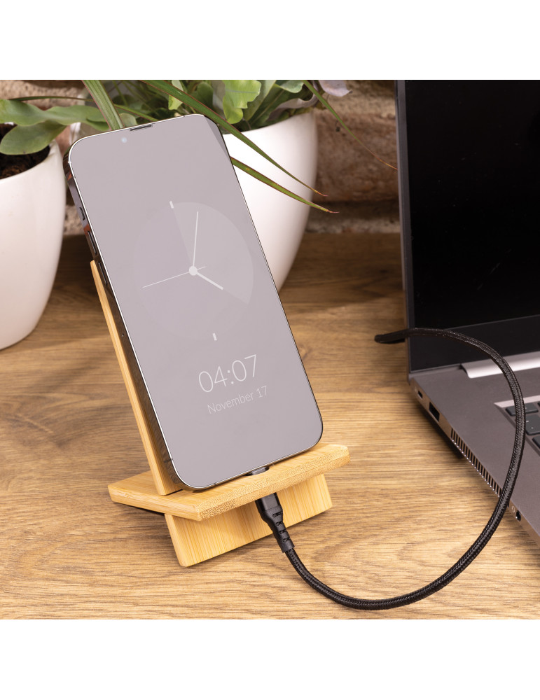 Support téléphone en bambou dans une boîte kraft personnalisable