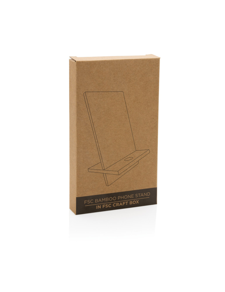 Support téléphone en bambou dans une boîte kraft personnalisable