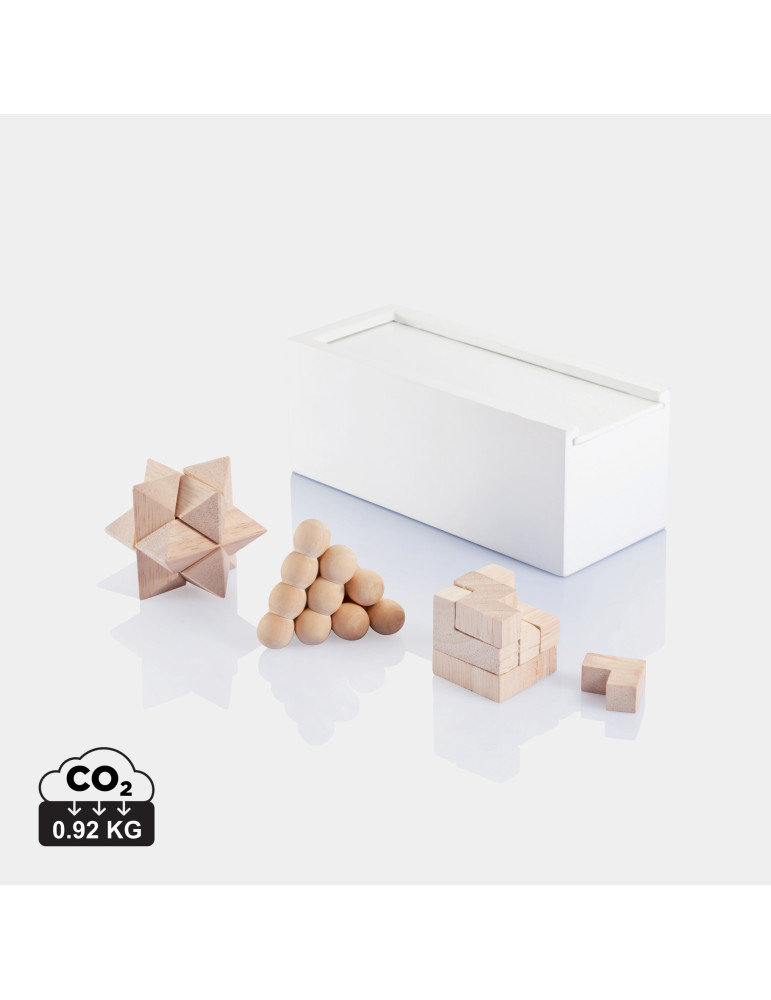 Coffret de trois casse-têtes en bois FSC personnalisable