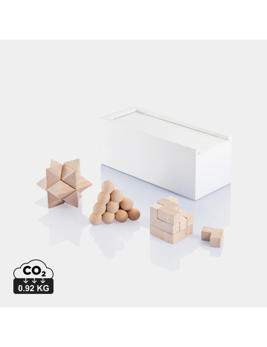 Coffret de trois casse-têtes en bois FSC personnalisable