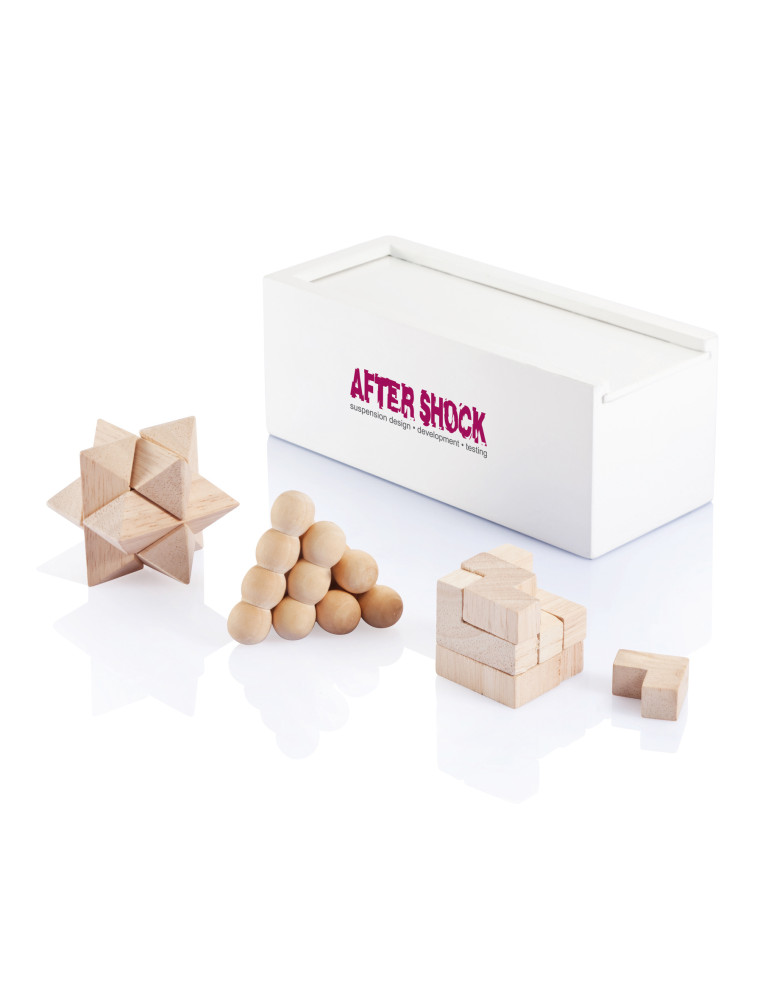 Coffret de trois casse-têtes en bois FSC personnalisable
