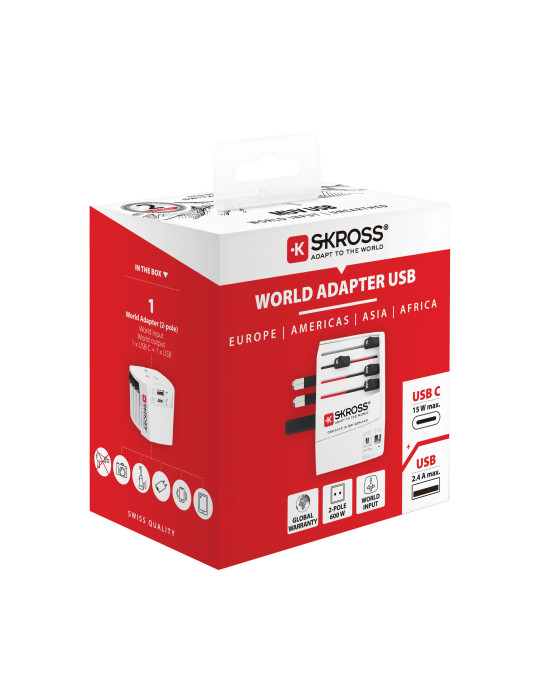 Adaptateur SKROSS MUV deux pôles avec USB et USB-C personnalisable