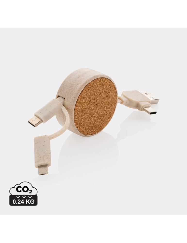 Câble rétractable 6 en 1 en liège et fibre de paille personnalisable