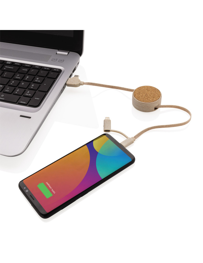 Câble rétractable 6 en 1 en liège et fibre de paille personnalisable