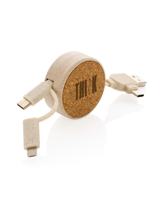 Câble rétractable 6 en 1 en liège et fibre de paille personnalisable