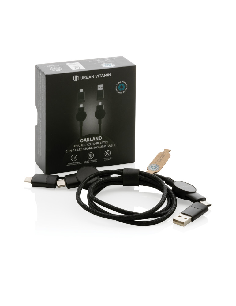 Câble Oakland 6-in-1 à charge 45W en plastique recyclé RCS Urban Vitamin personnalisable