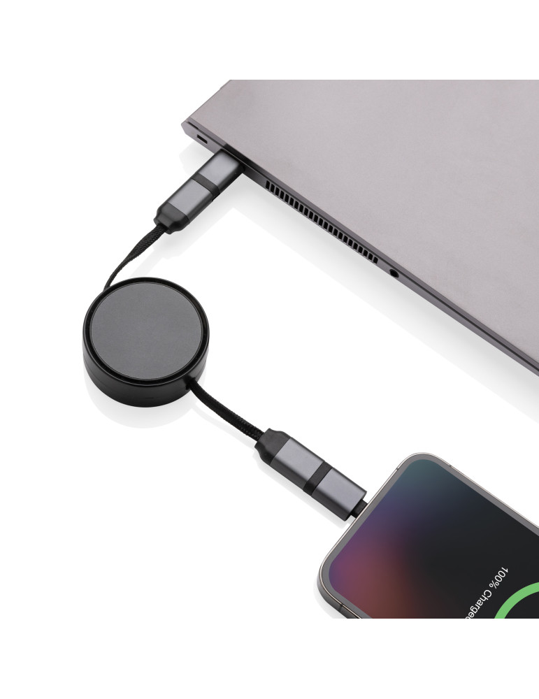 Câble 60W rétractable 6 en 1 en aluminium recyclé Terra RCS personnalisable