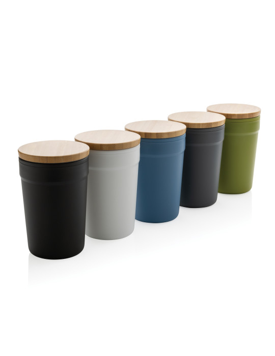 Mug PP recyclé GRS 300 ml à couvercle bambou personnalisable