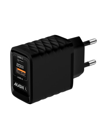 Chargeur Kakushin GaN 20 W USB-C et USB-A personnalisé – noir