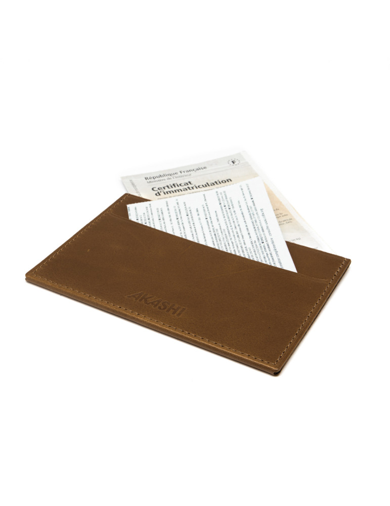 Porte-carte grise en cuir marron foncé avec embossage