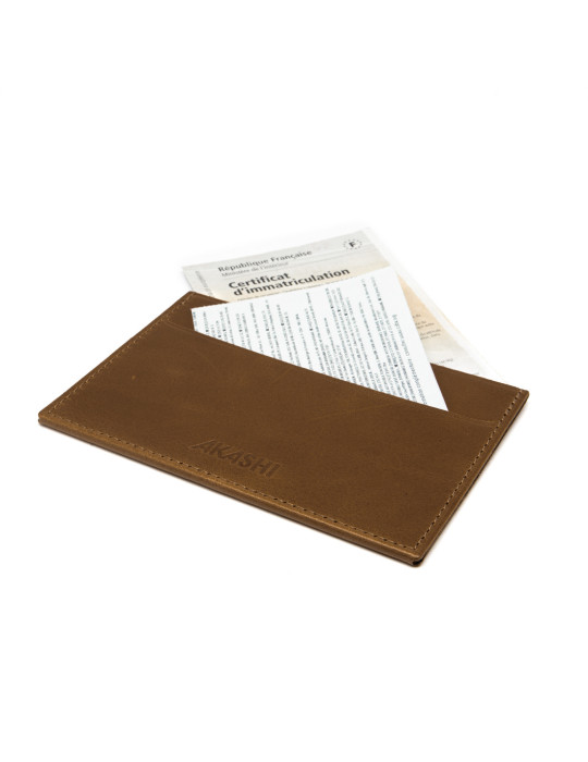 Porte-carte grise en cuir marron foncé avec embossage
