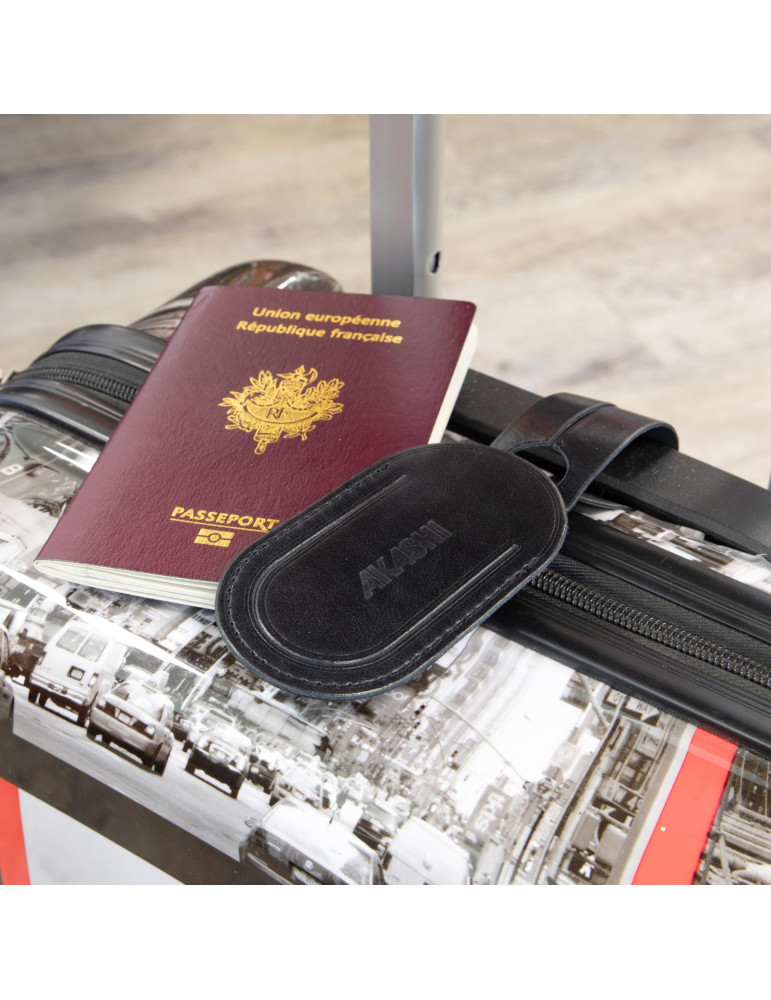 Étiquette bagage en cuir noir à personnaliser