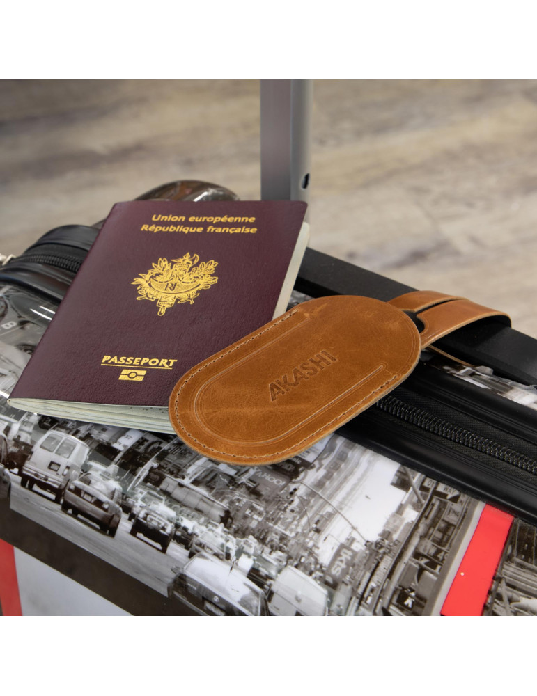Étiquette bagage en cuir marron clair à personnaliser