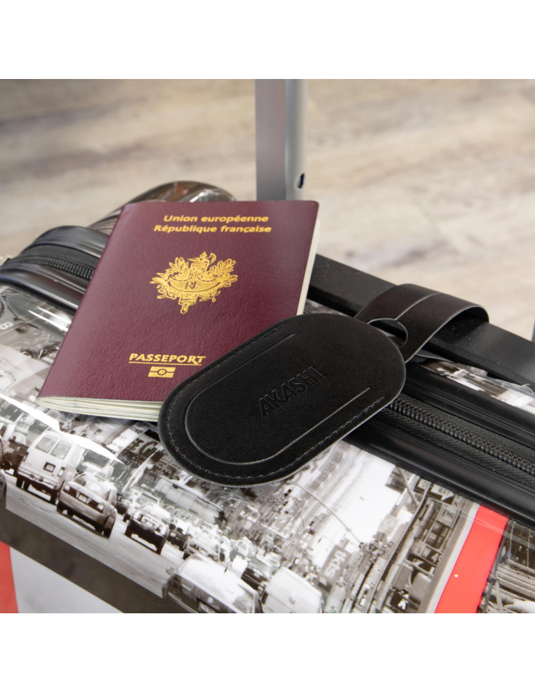 Étiquette bagage simili-cuir noir lisse à personnaliser