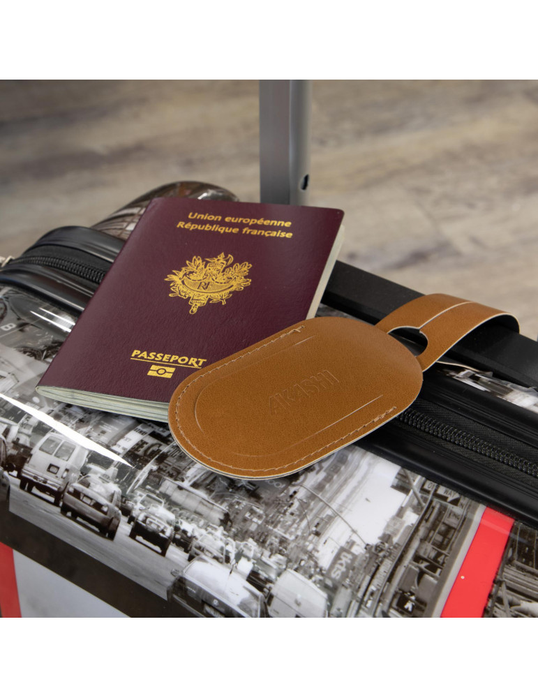 Étiquette bagage simili-cuir marron lisse personnalisée