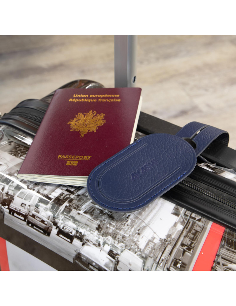 Étiquette bagage cuir recyclé bleu marine personnalisée