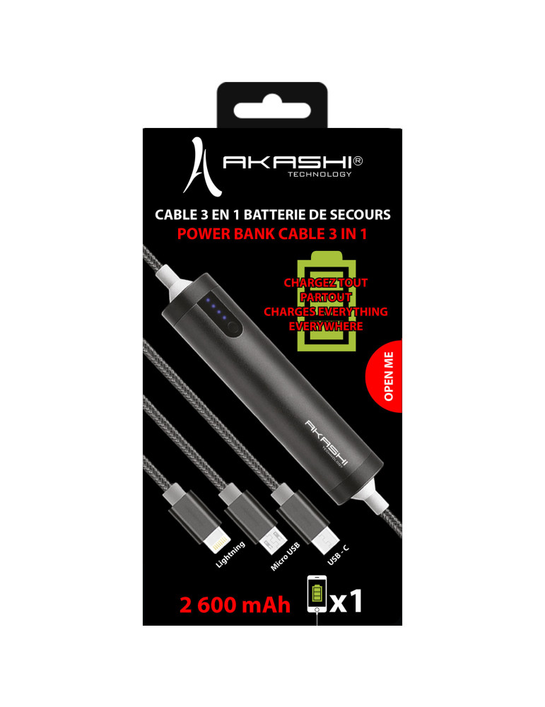 Câble USB 3 en 1 avec batterie de secours 2600 mAh