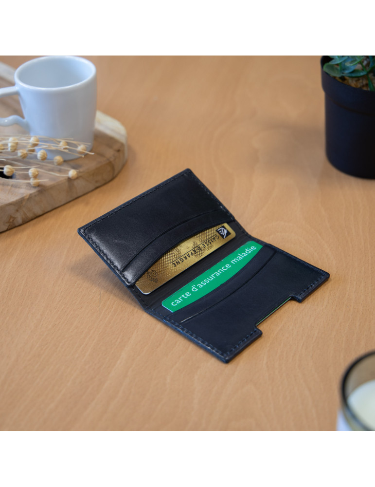 Porte-cartes folio noir en cuir véritable personnalisé