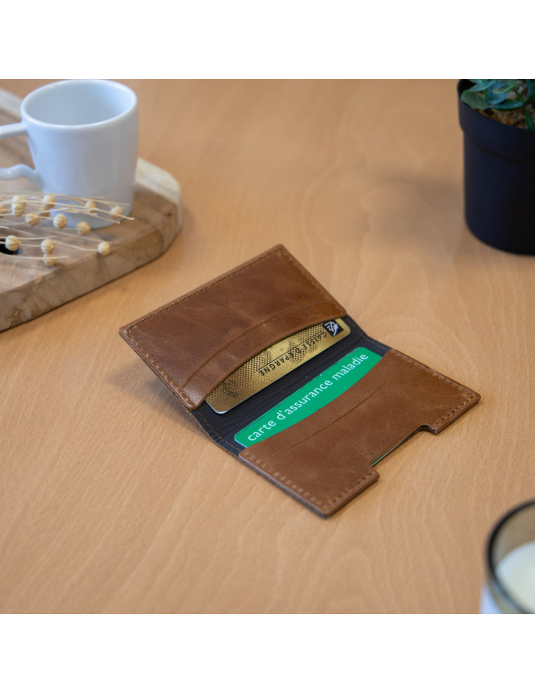 Porte-cartes folio en cuir marron foncé personnalisé
